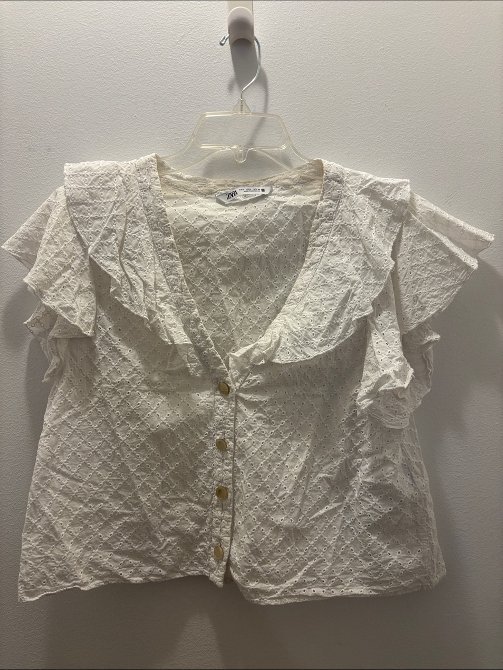 Zara White Eyelet Shortsleeved Ruffle Button-Front Blouse